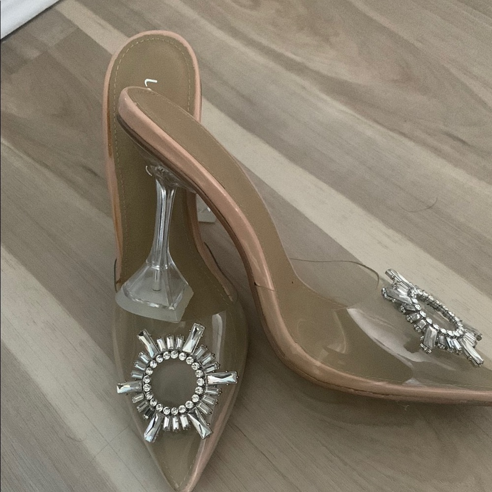Tan and White Stiletto Heels with Crystal Embellishments